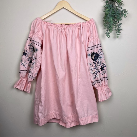 Free People Fleur Du Jour Off the Shoulder Embroidered Pink Dress Size M - Picture 5 of 7